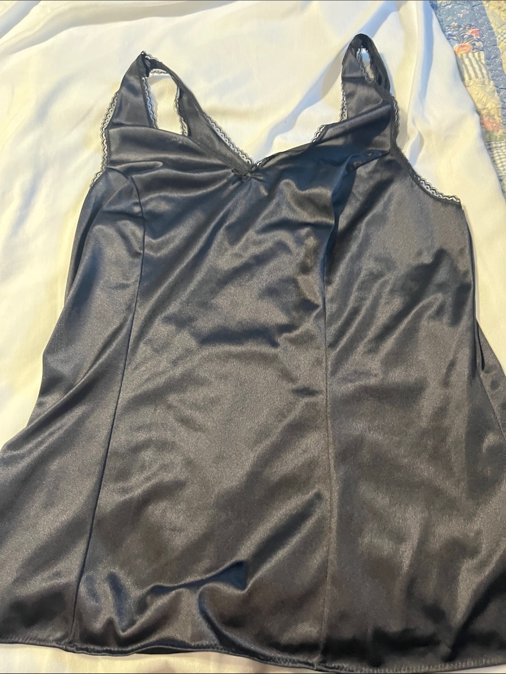 Black Satin V-Neck Camisole with Lace Trim
